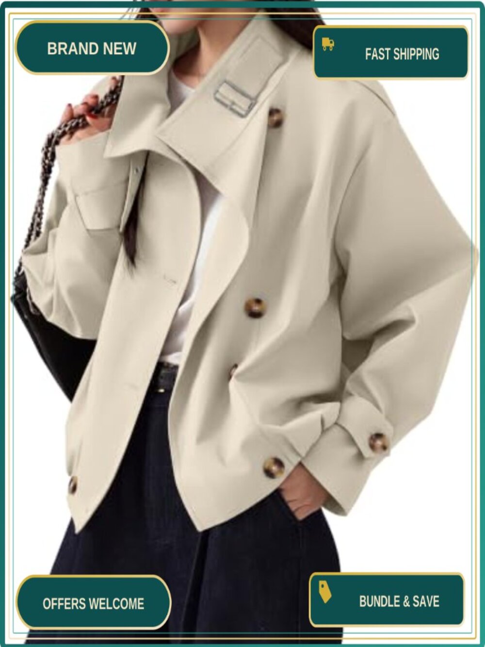Womens Cropped Trench Coat Button Front Jacket with Pockets Lightweight